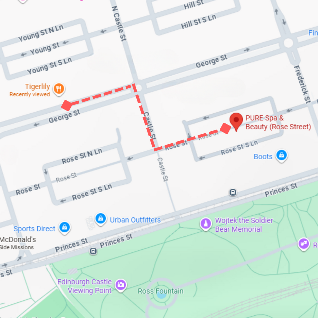 Map of a street layout with various locations marked, including 'PURE Spa & Beauty' and 'Tigerlily'.